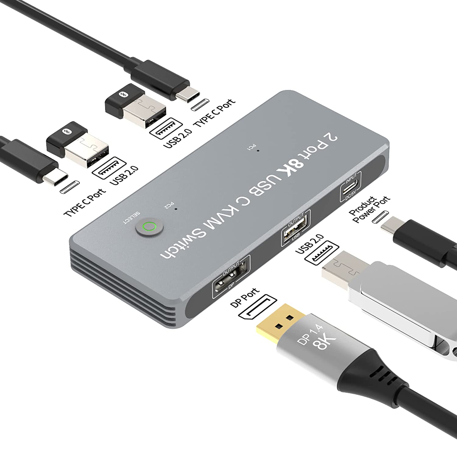 USB-C 콺 Ű   8K KVM ġ, DP1.4 2USB-C 2PC Է 1 ÷ Ʈ , 8K KVM 8K @ 60Hz 4K @ 144Hz 3X USB2.0